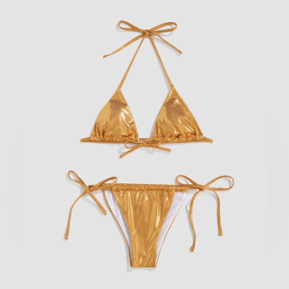 Gold metallic halter bikini top and bottom, never worn